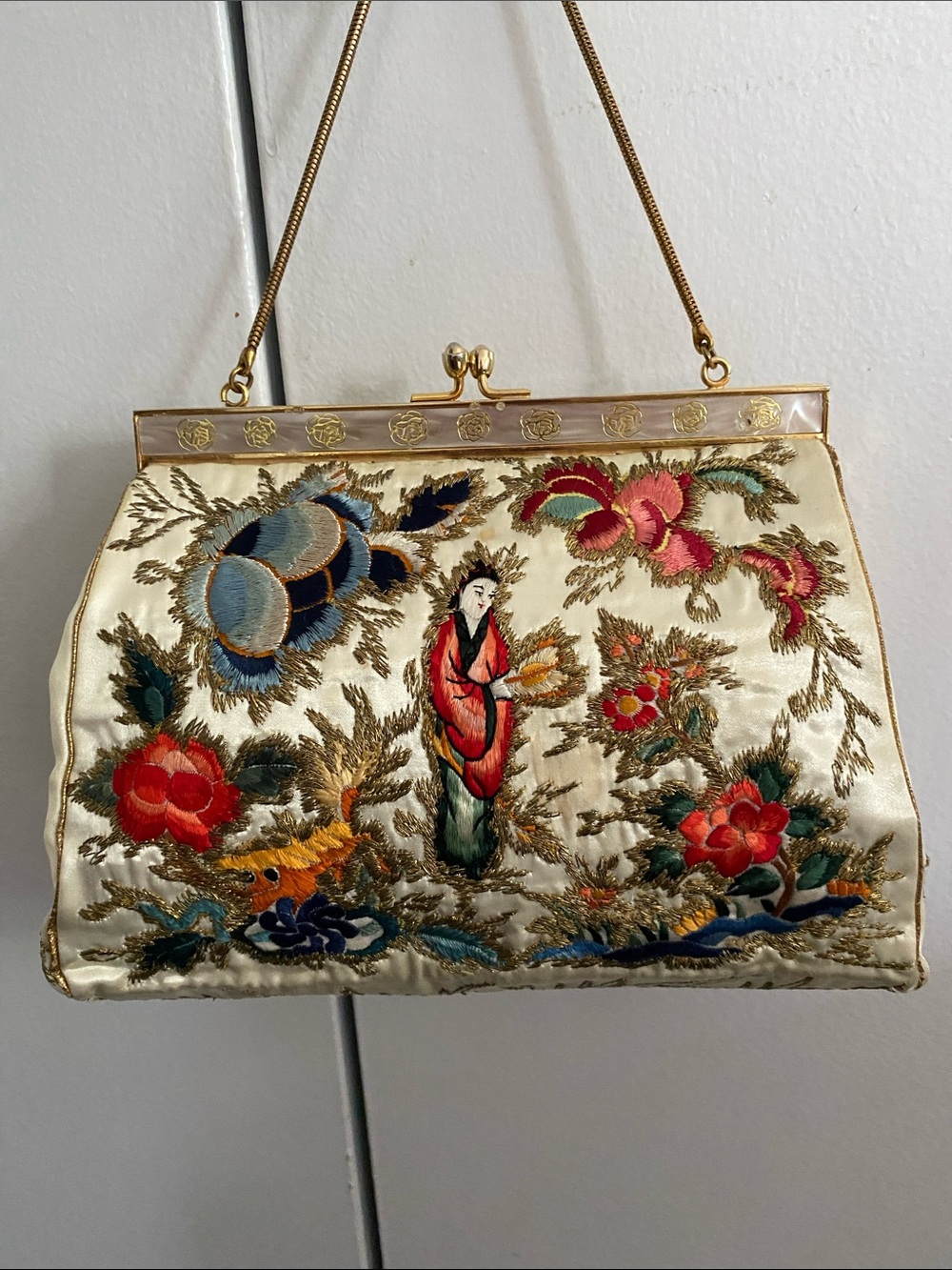 50’s Vintage Chinese Chinoiserie Embroidered Purse Evening Bag Metallic Thread